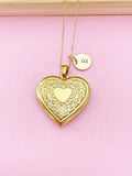 Gold Heart Flower Locket Pendant Necklace, Love Necklace, Keepsake Photo Frame Charm, N3842