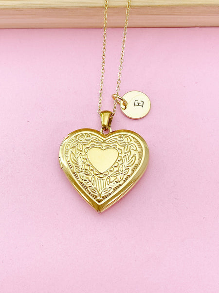 Gold Heart Flower Locket Pendant Necklace, Love Necklace, Keepsake Photo Frame Charm, N3842