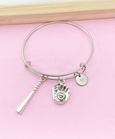 Silver Softball Baseball Charm Bracelet, Baseball Mitt Charm, Baseball Bat Charm, Softball Girl Gift, N3587