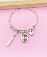 Silver Softball Baseball Charm Bracelet, Baseball Mitt Charm, Baseball Bat Charm, Softball Girl Gift, N3587