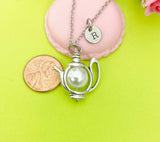 Silver White Pearl Teapot Necklace, Tea Party Gift, N4802