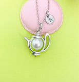 Silver White Pearl Teapot Necklace, Tea Party Gift, N4802