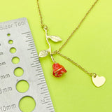 Gold Red Rose Flower and Heart Charm Necklace, N2705