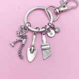 Archaeologists Keychain, Dinosaur Skeleton, Brush, Shovel, Personalized Customized Monogram Made to Order Jewelry, N5407A