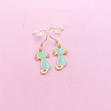 Gold Blue Enamel Cat Earrings, Stainless Steel Hooks