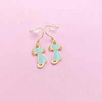 Gold Cute Blue Mint Cat Charm Earrings, N2999