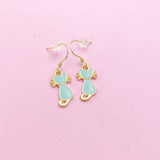 Gold Blue Enamel Cat Earrings, Stainless Steel Hooks
