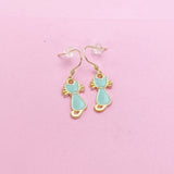 Gold Blue Enamel Cat Earrings, Stainless Steel Hooks