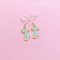 Gold Cute Blue Mint Cat Charm Earrings, N2999