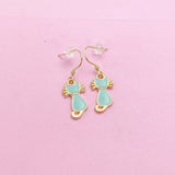 Gold Blue Enamel Cat Earrings, Stainless Steel Hooks