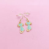 Gold Cute Blue Mint Cat Charm Earrings, N2999