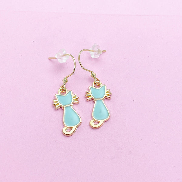 Gold Cute Blue Mint Cat Charm Earrings, N2999