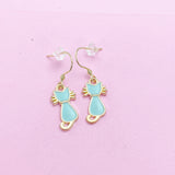 Gold Blue Enamel Cat Earrings, Stainless Steel Hooks