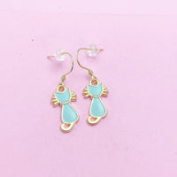 Gold Cute Blue Mint Cat Charm Earrings, N2999