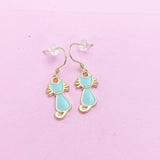 Gold Blue Enamel Cat Earrings, Stainless Steel Hooks