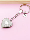 Silver Heart Locket Keychain, Initial Charm, Photo Keepsake