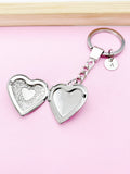 Silver Heart Locket Keychain, Initial Charm, Photo Keepsake