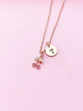 Rose Gold Cherry Necklace, Hot Pink Charm, Initial Pendant