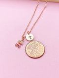 Rose Gold Cherry Necklace, Hot Pink Charm, Initial Pendant