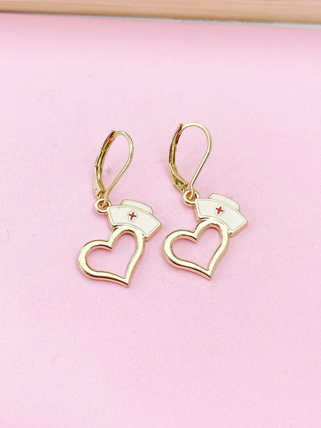 Gold Heart Nurse Cap Earrings, Best Christmas Gift for Medical School Doctor Nurse Student Gifts, N1502A