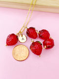 Gold Strawberry Necklace, Handmade Lampwork Strawberry Charm, Personized Initial Necklace, N4983