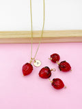 Gold Strawberry Necklace, Handmade Lampwork Charm, Personalized Initial
