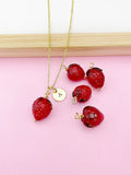 Gold Strawberry Necklace, Handmade Lampwork Charm, Personalized Initial