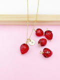 Gold Strawberry Necklace, Handmade Lampwork Strawberry Charm, Personized Initial Necklace, N4983