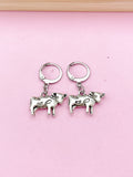 Silver Cow Charm Earrings, Hoop or Stud or Dangle Earrings in Option, N3335