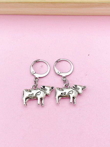 Silver Cow Charm Earrings, Hoop or Stud or Dangle Earrings in Option, N3335