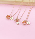 Rose Gold Crown Charm Necklace, Initial Pendant, Dainty Personalized Gift