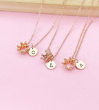 Rose Gold Crown Charm Necklace, Initial Pendant, Dainty Personalized Gift