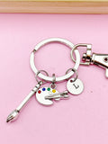 Silver Artist Palette Keychain, Paint Brush Charm, Initial Charm