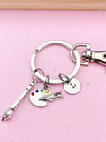 Silver Artist Palette Keychain, Paint Brush Charm, Initial Charm