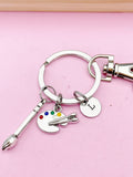 Silver Artist Palette Keychain, Paint Brush Charm, Initial Charm