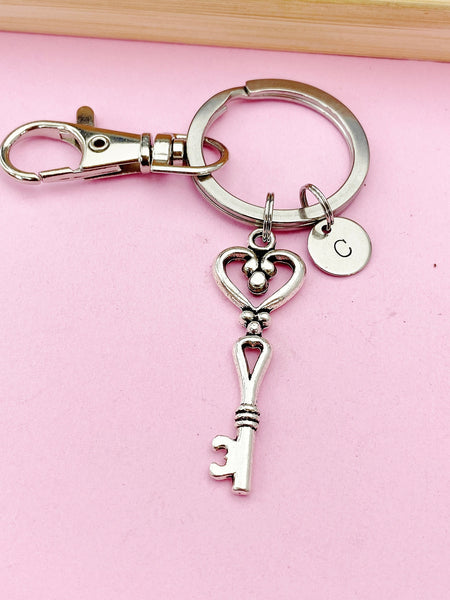 Silver Heart Key Charm Keychain, N1088