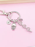 Silver DNA Skull Charm Keychain, DNA, Forensic Science Specialist, Scientist Gift, Doctor Gift, Researcher Gift, N4669A