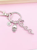 Silver DNA Skull Charm Keychain, DNA, Forensic Science Specialist, Scientist Gift, Doctor Gift, Researcher Gift, N4669A
