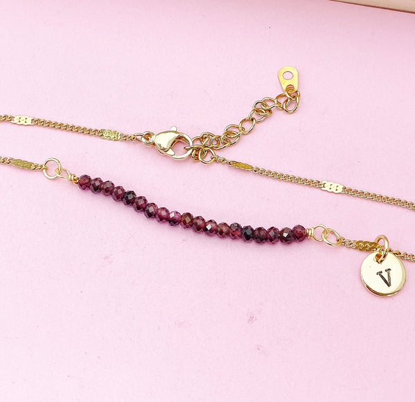 Gold Natural Garnet Gemstone Bracelet January Birthday Mother's Day Gifts Ideas Personalized Customized Made to Order, N5540