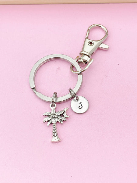 Silver Crescent Moon and Palm Tree Charm Keychain, N2119B