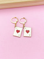 Gold Ace of Heart Earrings, Red Heart Poker Card Jewelry, Red Hear Ace Play Card Jewelry, N3251