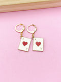 Gold Ace of Heart Earrings, Red Heart Poker Card Jewelry, Red Hear Ace Play Card Jewelry, N3251