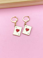 Gold Ace of Heart Earrings, Red Heart Poker Card Jewelry, Red Hear Ace Play Card Jewelry, N3251