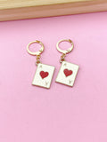 Gold Ace of Heart Earrings, Red Heart Poker Card Jewelry, Red Hear Ace Play Card Jewelry, N3251