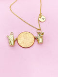 Gold Cactus Pot Charm Necklace Plant Biologist School Student Gifts Ideas Personalized Customized Made to Order, N5501