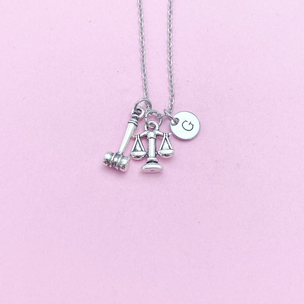 Silver Justice Scale Gavel Charm Necklace, N1531B