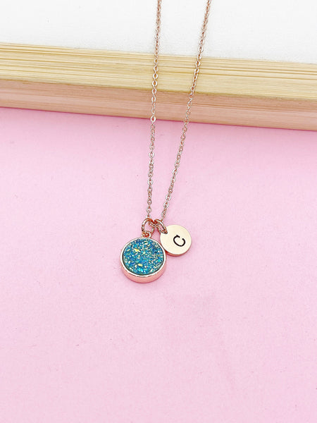 Rose Gold Blue Druzy Dainty Delicate Necklace, N1477