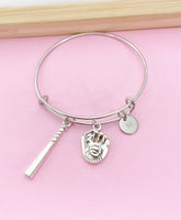 Silver Softball Baseball Charm Bracelet, Baseball Mitt Charm, Baseball Bat Charm, Softball Girl Gift, N3587