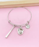 Silver Baseball Softball Charm Bracelet, Initial Bangle
