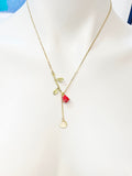 Gold Red Rose Flower and Heart Charm Necklace, N2705